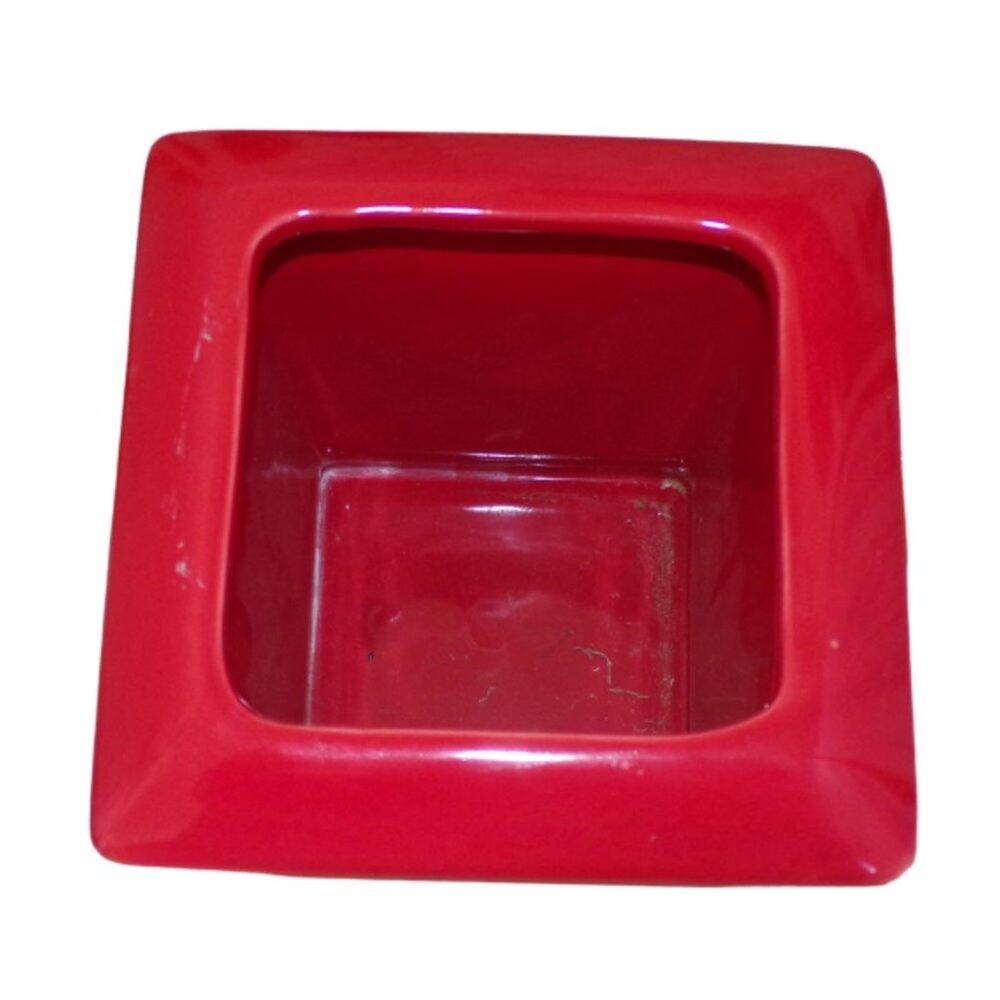 Bright Red Glazed Ceramic Tapered Sides Planter Small 5" tall 5.5" wide - Picture 3 of 3